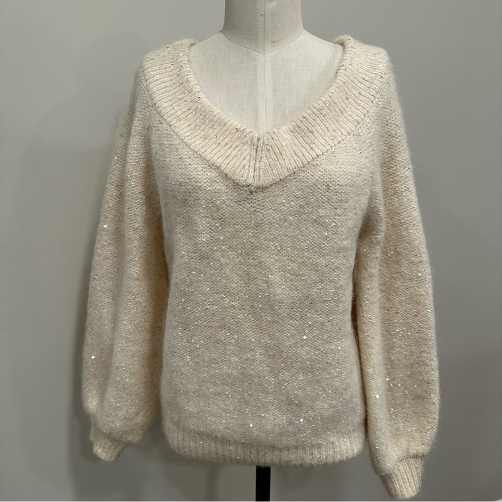 BANANA REPUBLIC Sequin V-Neck Sweater Pullover Cream Wool Alpaca Size Small